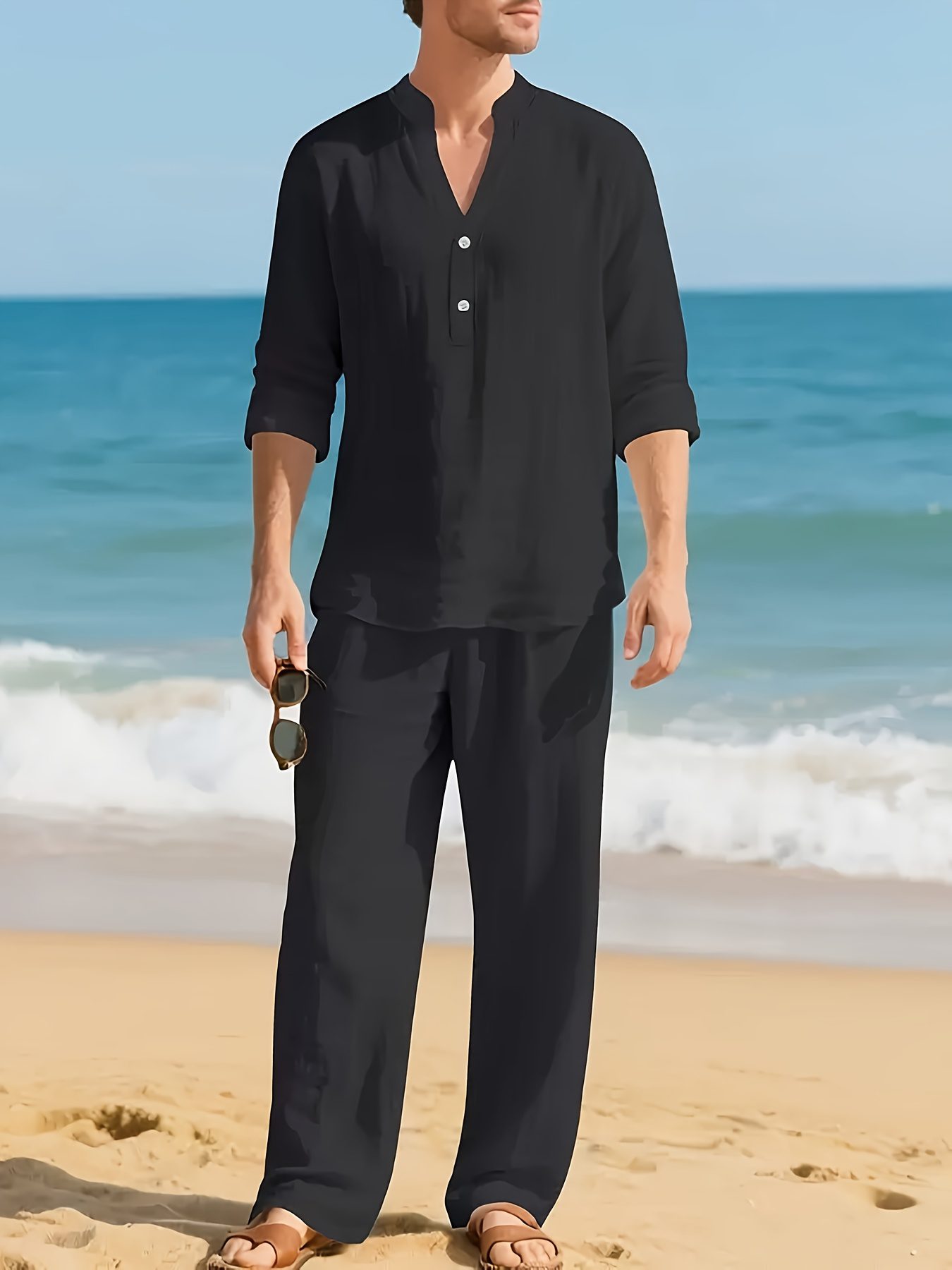 Cross-Border New Men'S Linen Casual Loose Long-Sleeved V-Neck Breathable Long Pants Set for Spring, Summer, Autumn, And Winter - Image 3