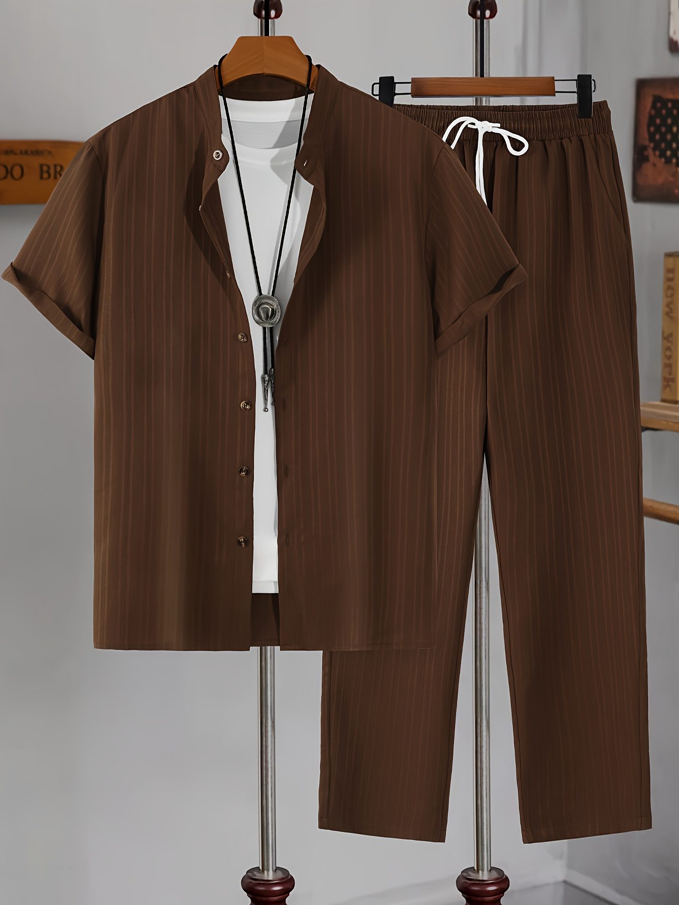 Men's New Trend Textured Wave Stripe Short Sleeve Long Pants Casual Set - Image 6