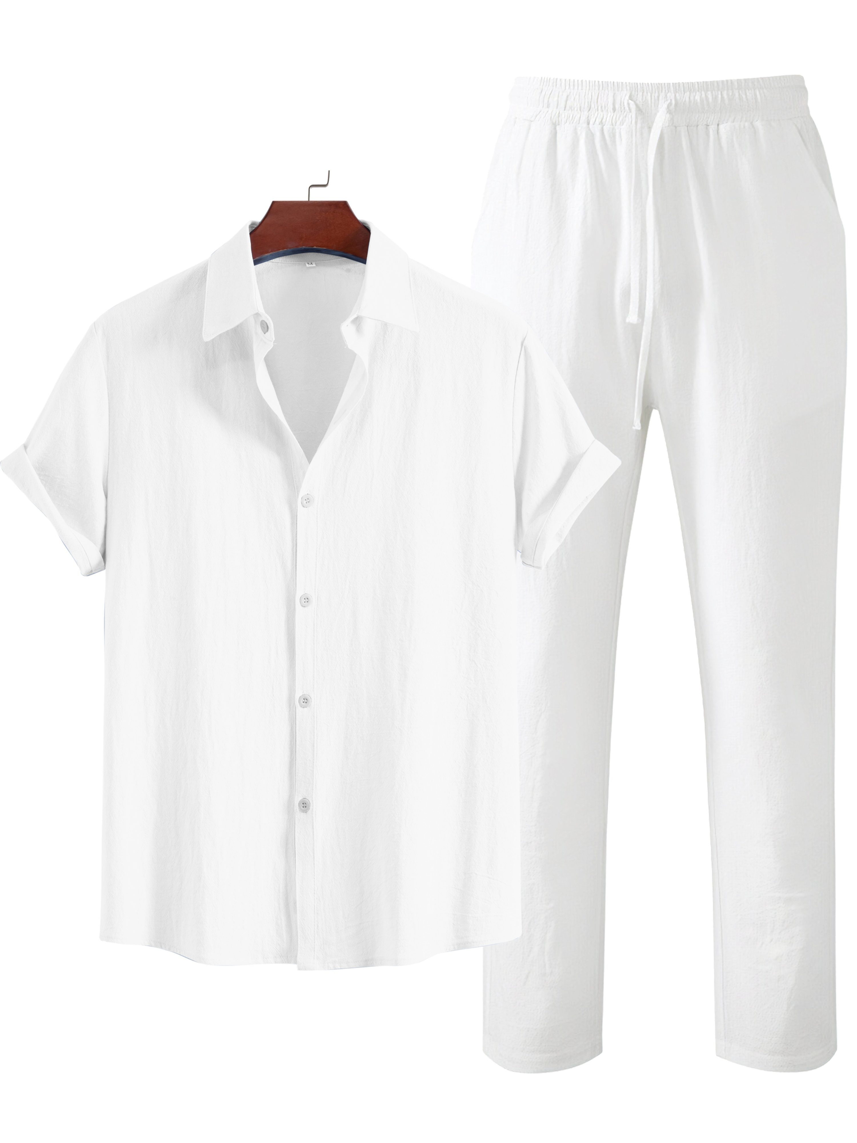 Men's Fashionable Solid Color Cotton- Shirt and Trousers Set, Casual Breathable 2pcs Outfit for Men - Image 6