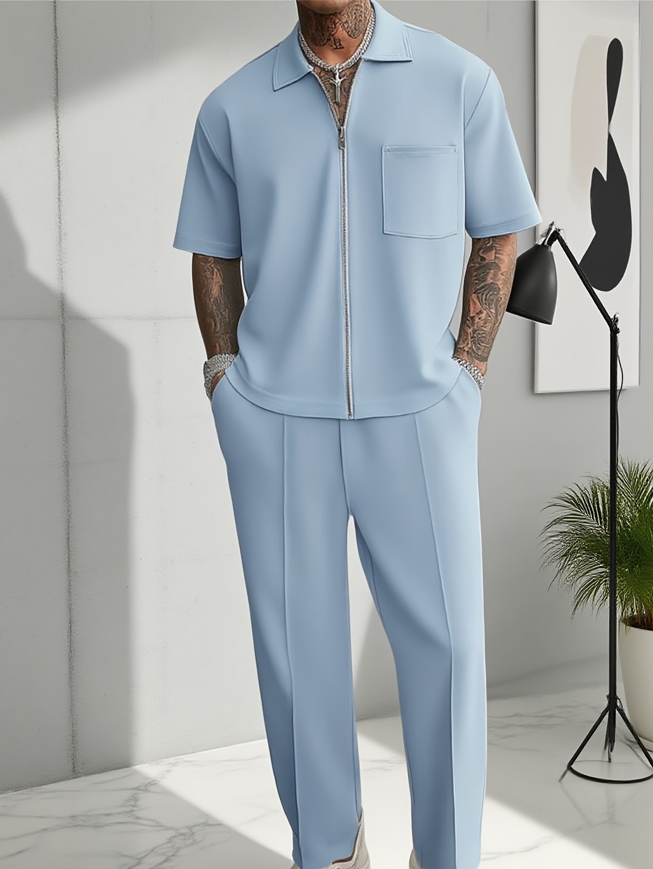 New Streetwear Trend Men's Set: Light Blue Loose Cardigan Short-Sleeve Zip-Up Top with Pockets, Casual Long Pants, Short-Sleeve and Long Pants Set - Image 6
