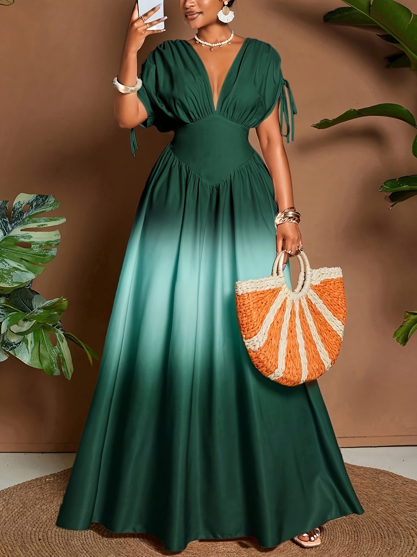 LL168 Women's Elegant Romantic Gradient Print Bow V-Neck A-Line Maxi Dress - Image 2