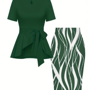 Women's elegant suit solid color round neck short sleeve tie bow top and striped print skirt two-piece set