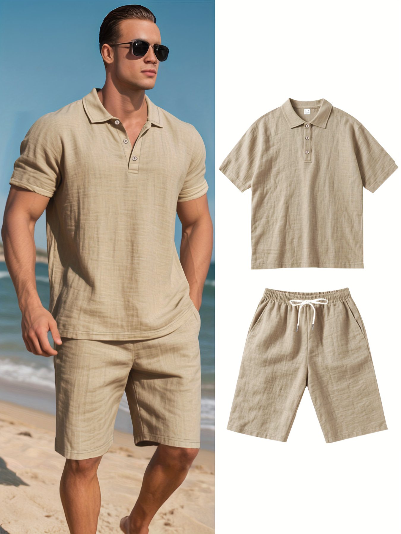 Men's Linen Short Sleeve Shorts Set, Summer Outdoor Sports Casual Breathable Short Sleeve Shirt with Shorts - Image 6