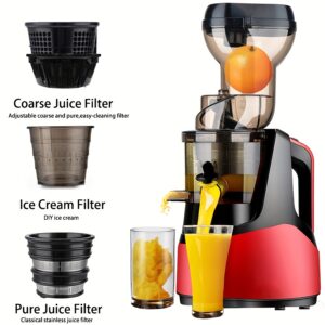 BS Plug Hilton Cold Press Slow Juicer, Household And Commercial Use Juicer Machine, Cold Press with 7.87cm(80Mm) Rotatable Feed Port, for Vegetable And Fruit, with Brush, Easy to Clean, with Coarse And Pure Juice Filter, Ice Cream Filter