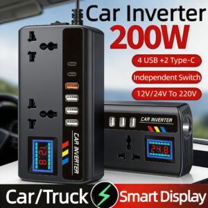 200W Car Inverter, DC12V/24V to AC 110V/220V Car Power Converter, 4 USB+2Type-C, 2 Universal Output Sockets, with Intelligent Display Screen, Essential for Cars, RVs and Trucks
