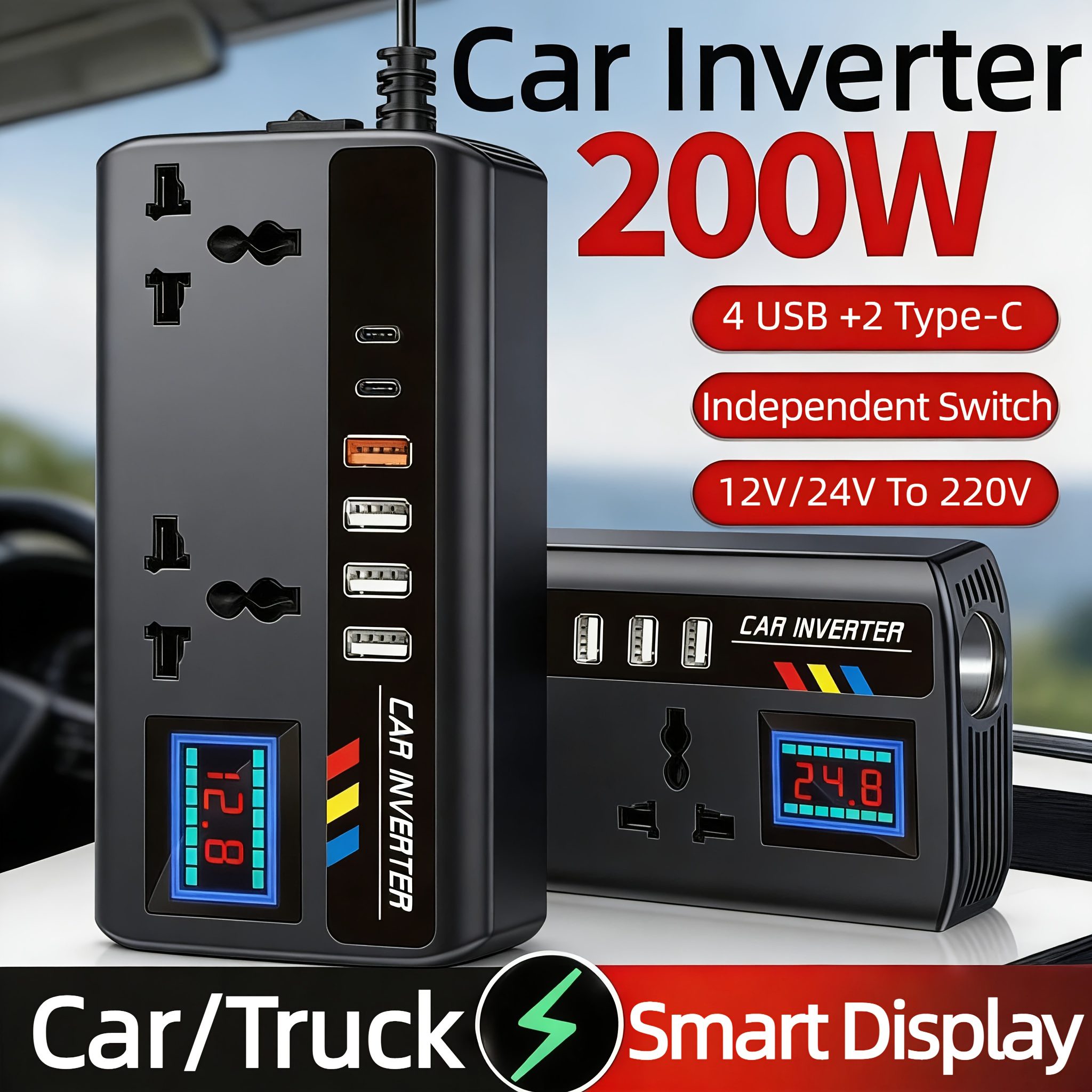 200W Car Inverter, DC12V/24V to AC 110V/220V Car Power Converter, 4 USB+2Type-C, 2 Universal Output Sockets, with Intelligent Display Screen, Essential for Cars, RVs and Trucks
