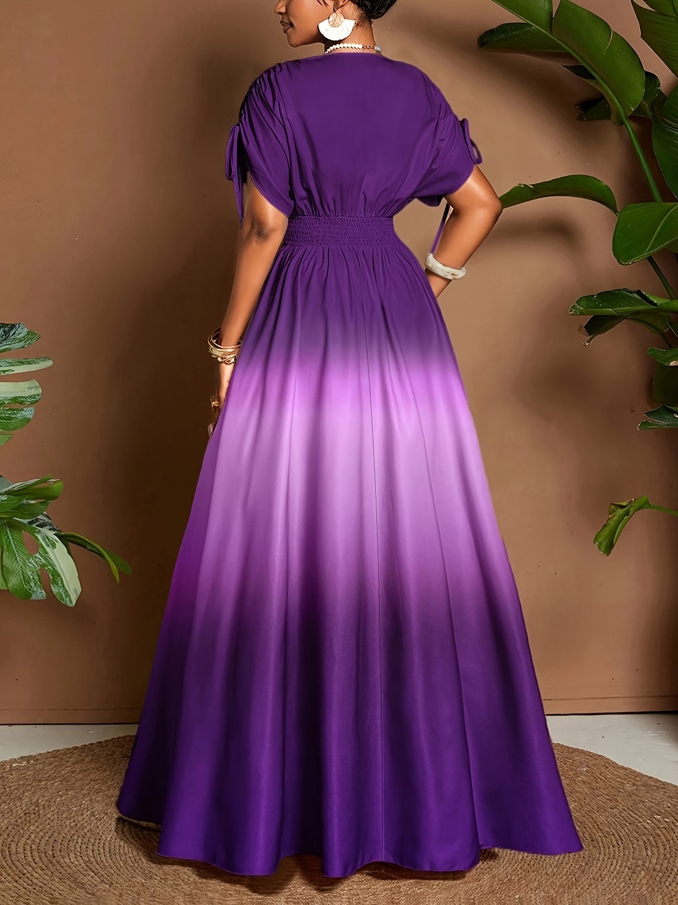 LL168 Women's Elegant Romantic Gradient Print Bow V-Neck A-Line Maxi Dress - Image 9