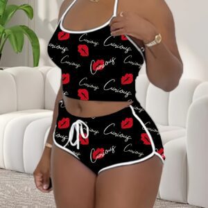 Designer Lip Print Cami Top and Shorts Pajama Set