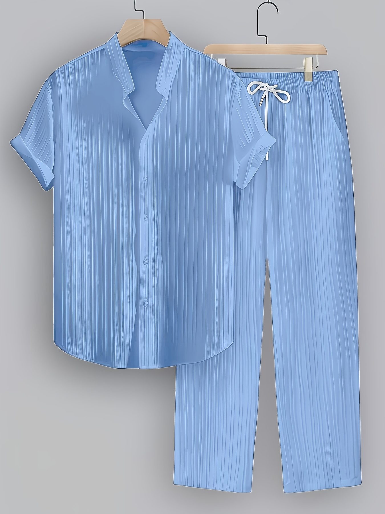 2pcs Men'S Summer Casual Striped Fiber Set, Short Sleeve Stand-Up Collar Shirt And Drawstring Pants, Non-Stretch Woven Fabric, Regular Fit for Daily Wear And Beach Vacation, Solid Color, Beach Vacation - Image 3