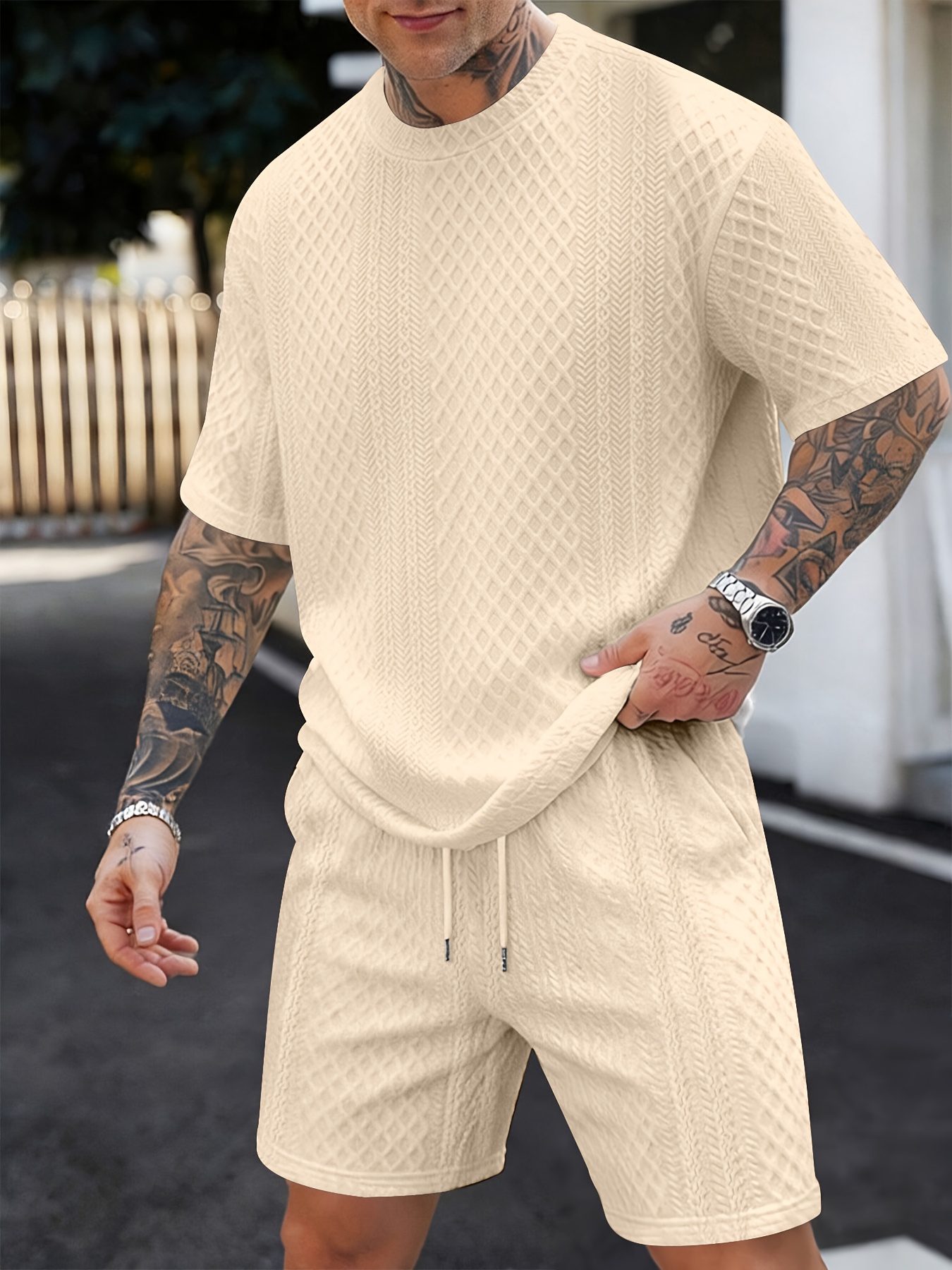 Men's New Textured Fabric Crew Neck T-Shirt + Drawstring Shorts Set - Image 5