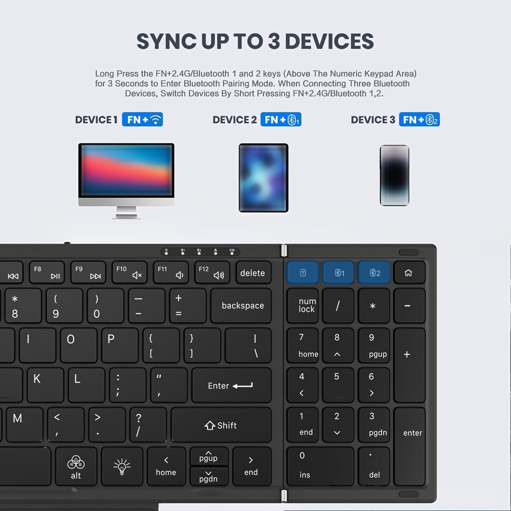 Jomaa RGB Backlit Foldable Keyboard with Wireless And USB Wireless Connectivity, Full Size with Touchpad And Numeric Keys, Rechargeable - Image 7