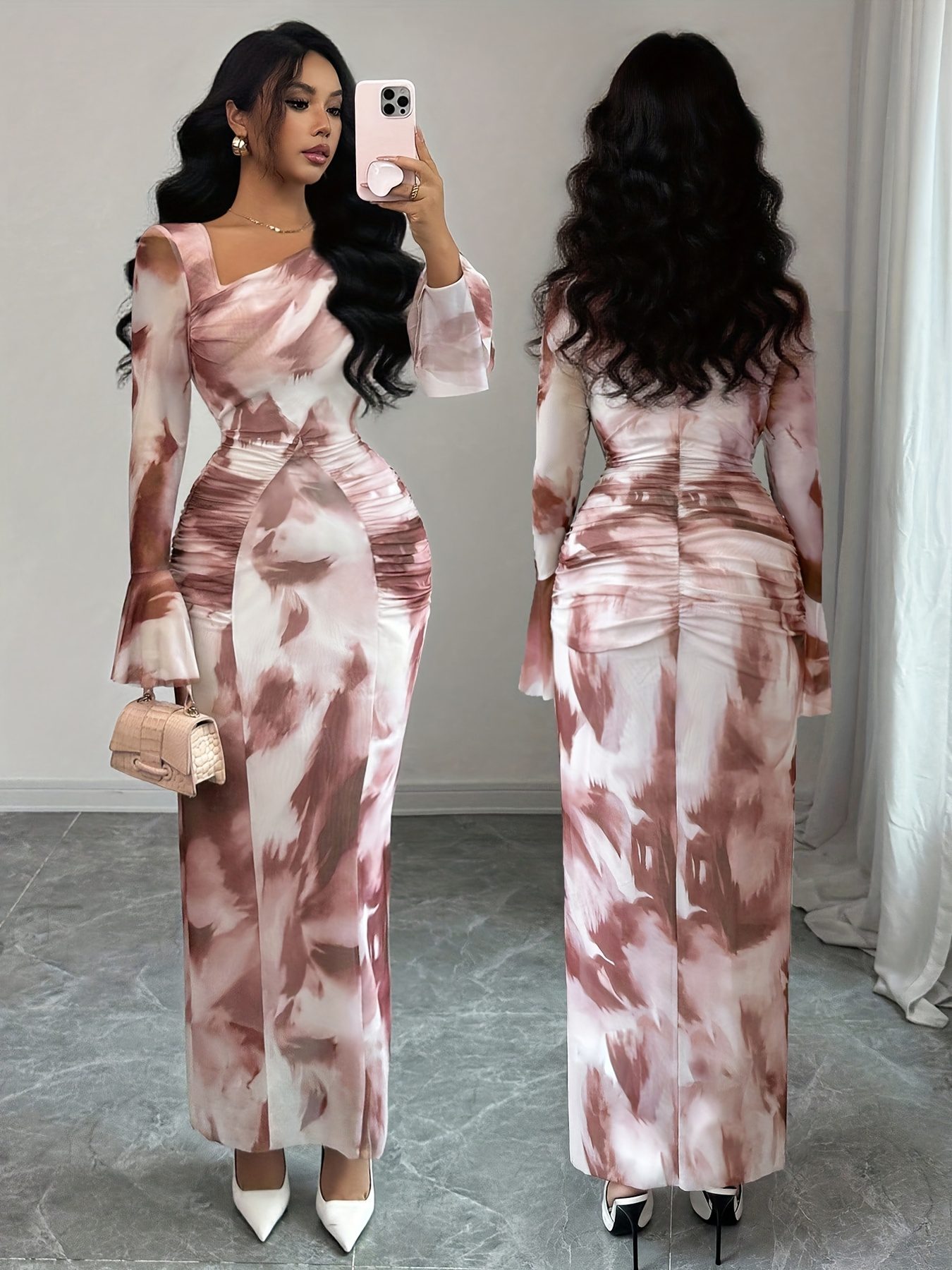 Elegant And Fashionable New Adult Women'S Autumn And Winter Floral Tie-Dye Print Notched Collar Long-Sleeved Flared Sleeve Slim Fit Waist Pleated Hip-Hugging Sexy Dating Commuting Vacation Dating Valentine'S Day Long Dress - Image 5
