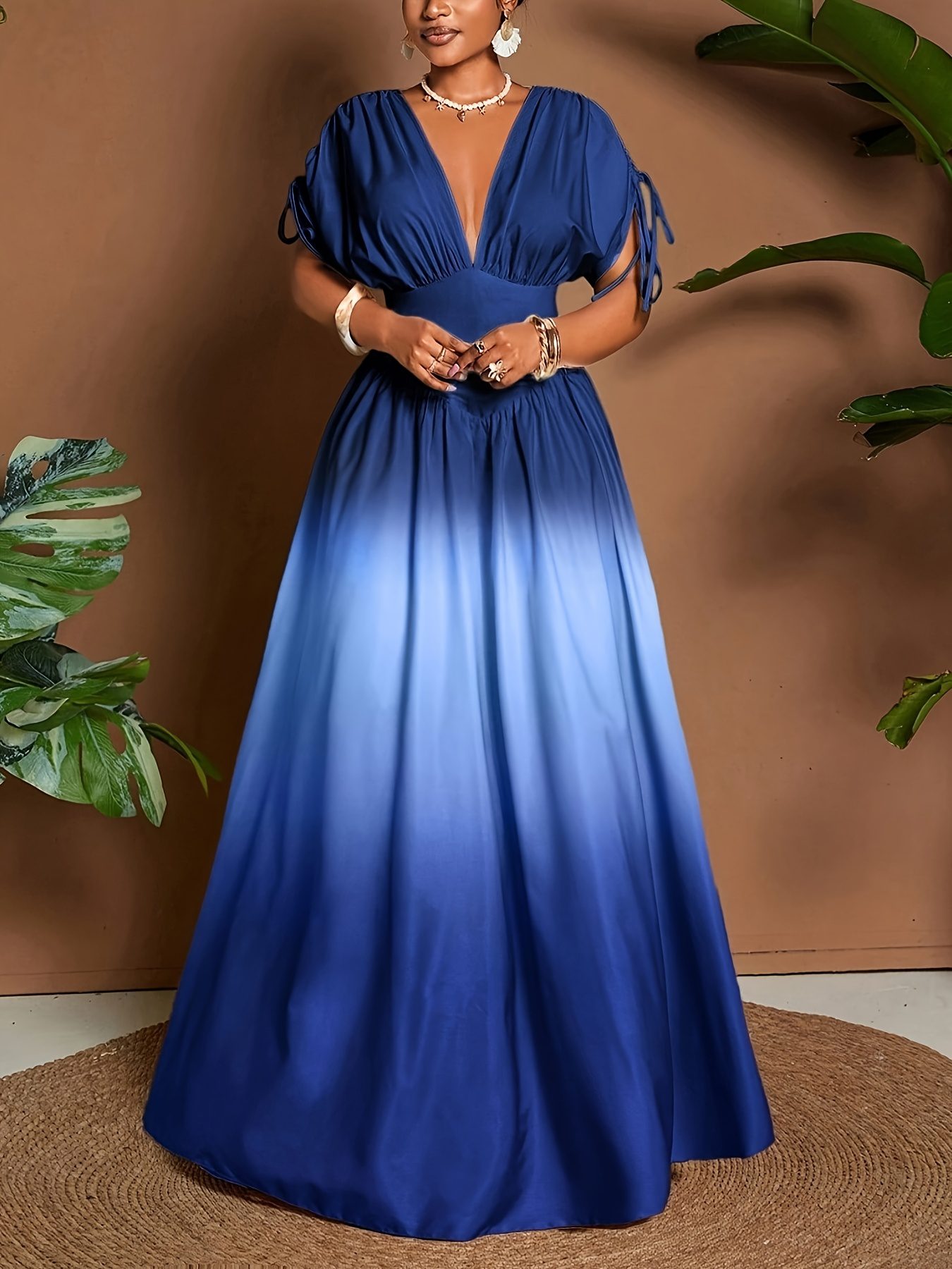LL168 Women's Elegant Romantic Gradient Print Bow V-Neck A-Line Maxi Dress - Image 6