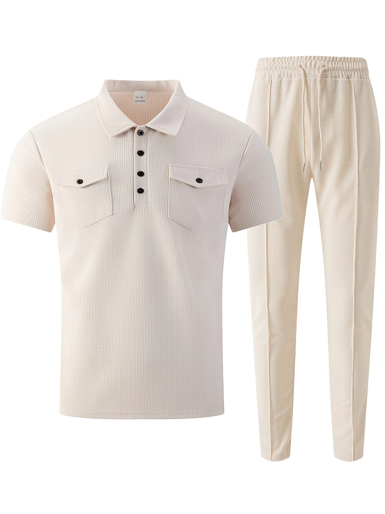 Men's 2pcs Set, Solid Color Minimalist Black Button-Up Short Sleeve Shirt with Two Pockets and Collar + Drawstring Waist Pants, Men's Spring/Summer Casual Vacation Daily Wear - Image 10