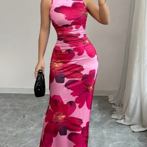 Women's Printed Waist-Cinching Hip-Gathering Dress - Valentine's, Concert, Wedding Elegant Stretchy Midi with Red Floral Pattern, Machine Washable All Seasons Formal & Casual