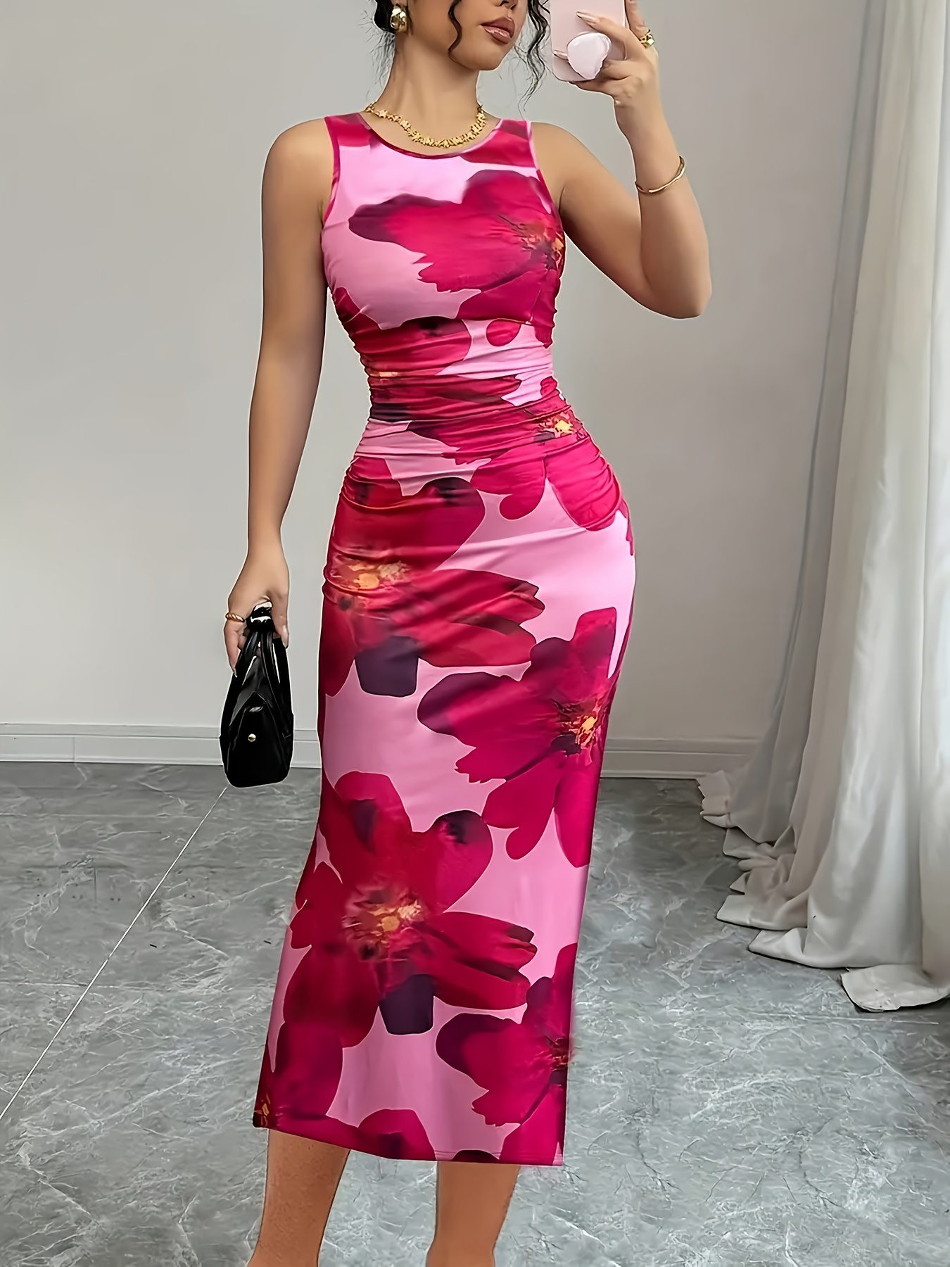 Women's Printed Waist-Cinching Hip-Gathering Dress - Valentine's, Concert, Wedding Elegant Stretchy Midi with Red Floral Pattern, Machine Washable All Seasons Formal & Casual