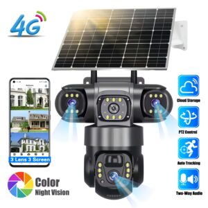 4G Solar-Powered Security Camera V380 Pro | Triple Lens & Triple Screen, PTZ Pan-Tilt-Zoom with Auto Tracking & AI Human Detection, H.265 Video Coding, Color Night Vision, 355° Horizontal & 90° Vertical Rotation, Two-Way Audio, Mobile App Control