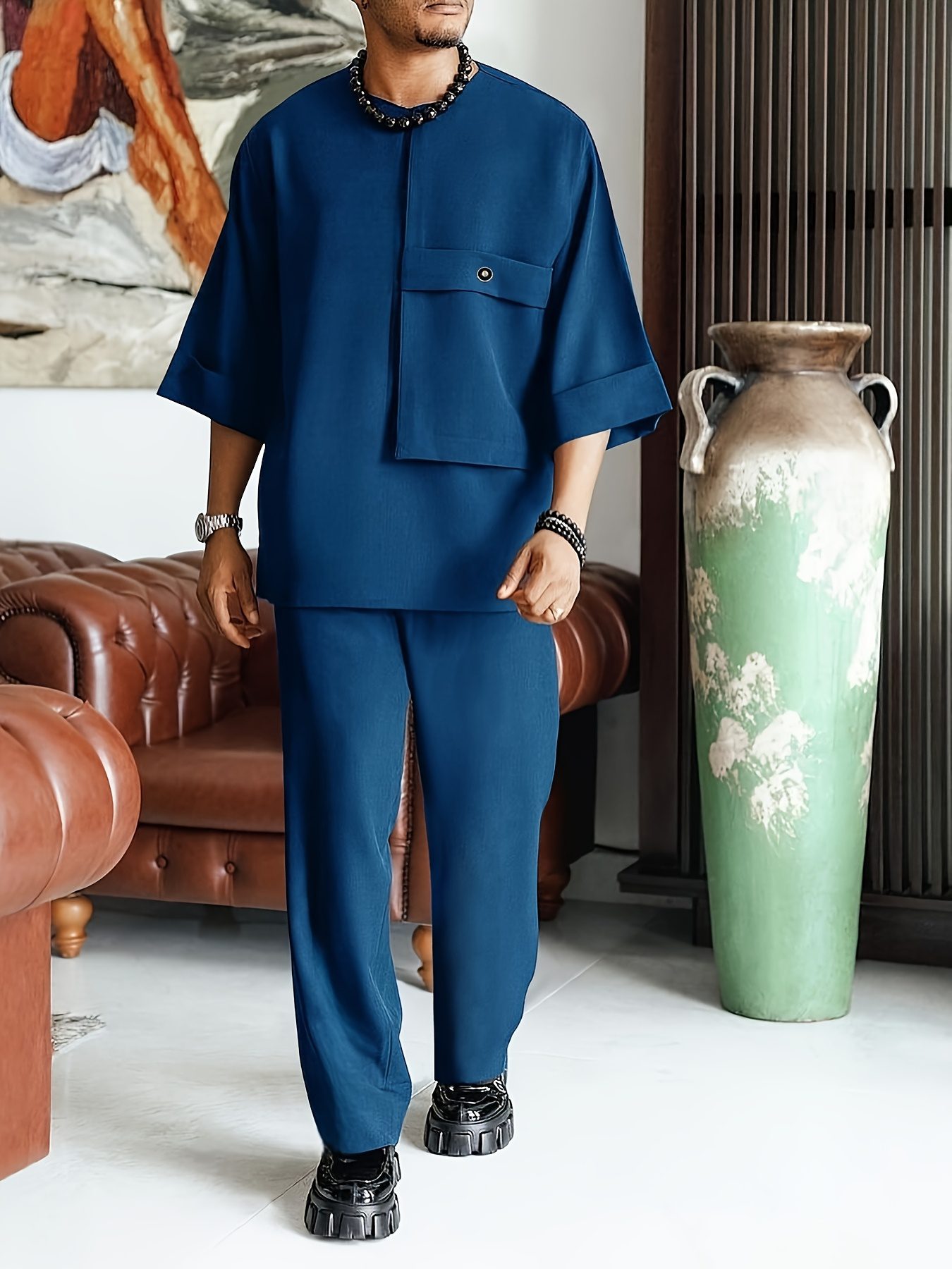 African Traditional Dashiki Set for Men, Solid Color with Pocket Design, Fashionable Short Sleeve + Pants, Essential for Summer Outings and Photoshoots, Wedding/Birthday/Party Celebration Outfit, Trendy Set, Ideal Gift for Family or Friends - Image 3