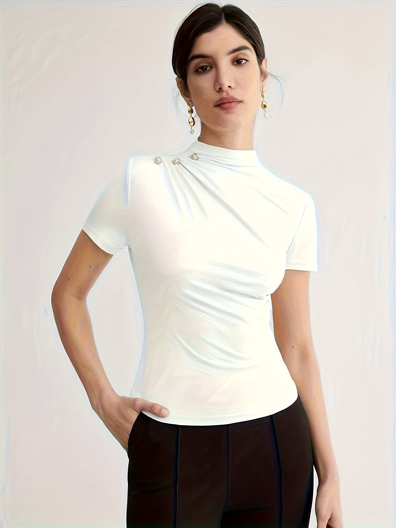 Summer New Arrival Design Sense Versatile Solid Color T-Shirt Short Sleeve Top with Shoulder Button Decor - Image 9