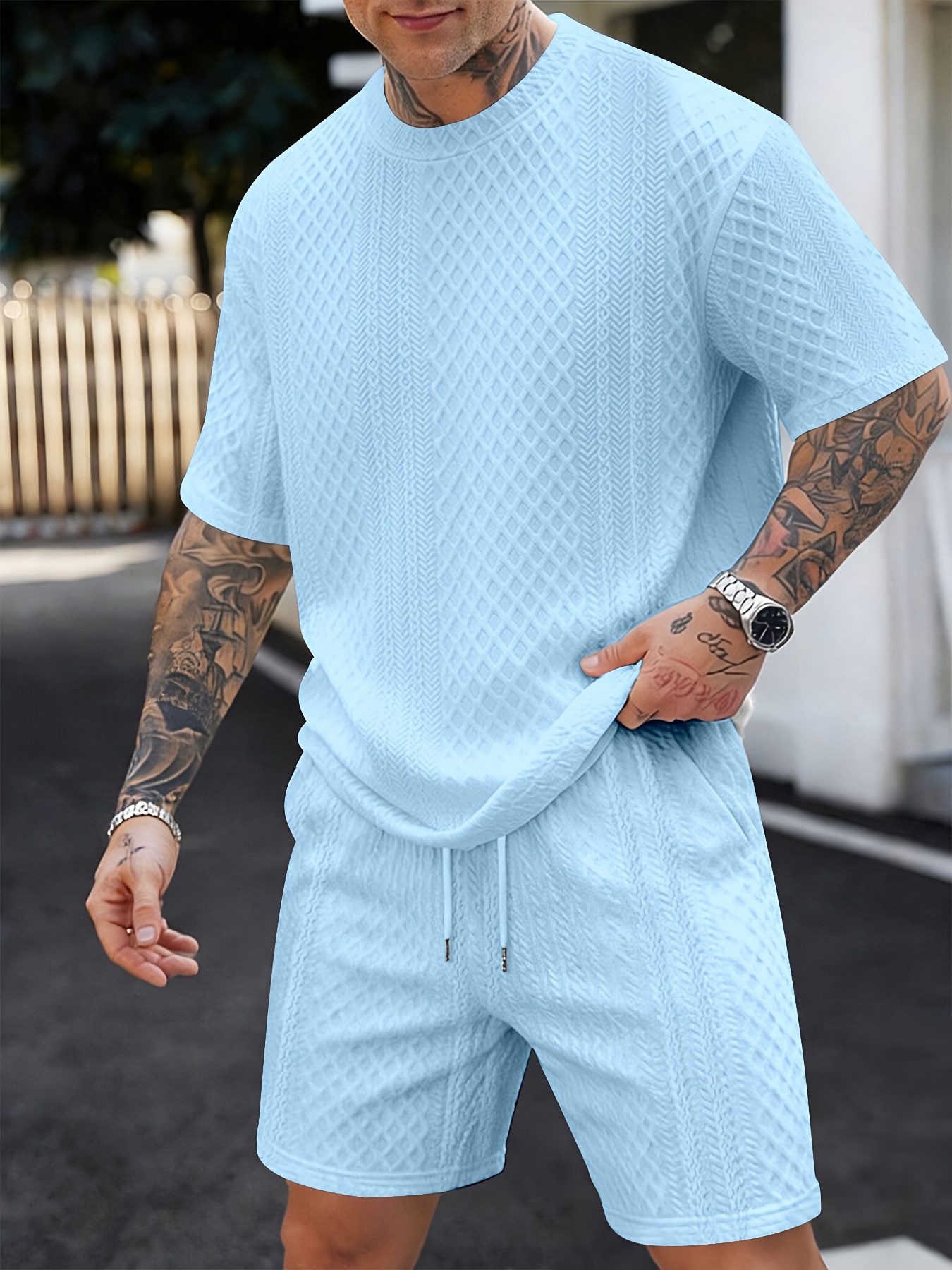 Men's New Textured Fabric Crew Neck T-Shirt + Drawstring Shorts Set - Image 3