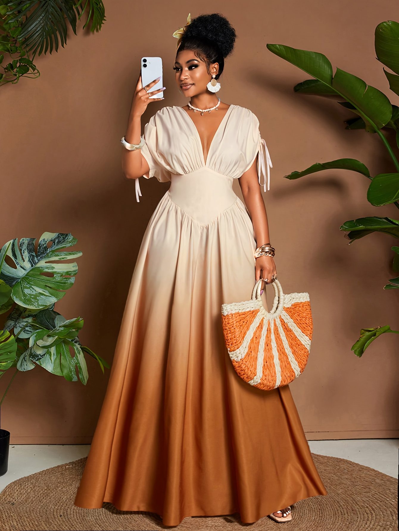Women's Elegant Gradient V-Neck Long Maxi Dress with Fitted Bodice & Flowy - Waist, Machine Washable Winter Dress for Weddings, Parties, Fall/ Winter Events - Non-Stretch Suitable for Weddings, Parties, Fall/Winter Events - Image 2
