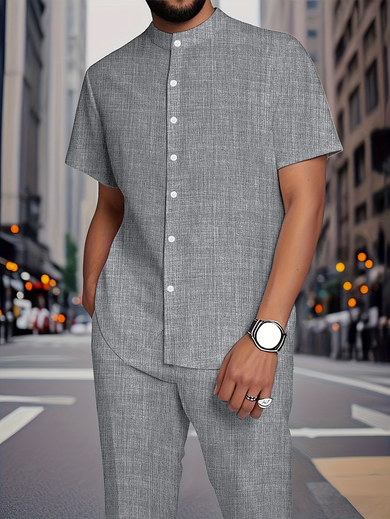 European and American new Men's fashionable and comfortable short-sleeved stand-up collar shirt set striped texture fabric stand-up collar short sleeve shirt and casual trouser set - Image 4
