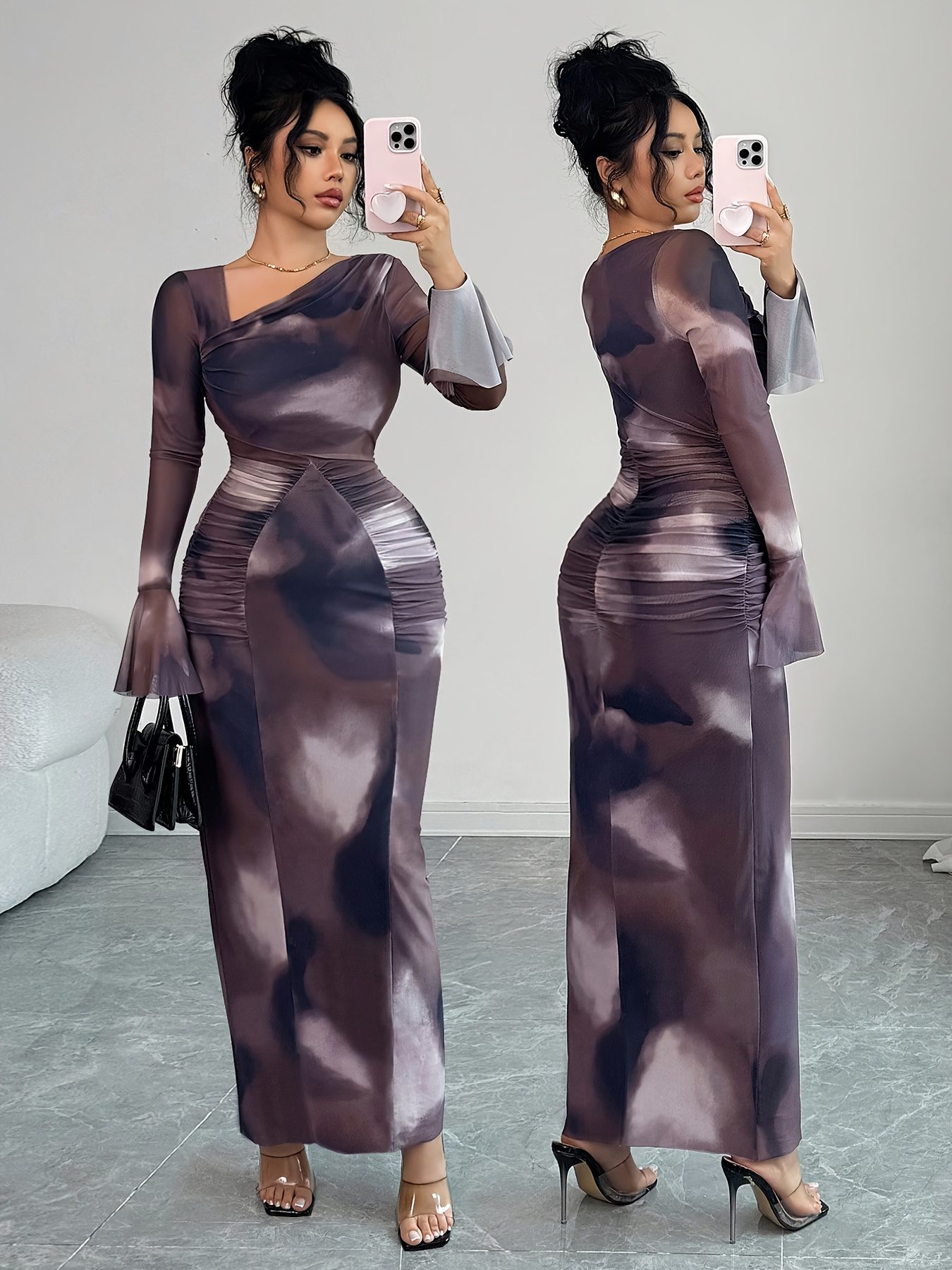 Elegant And Fashionable New Adult Women'S Autumn And Winter Floral Tie-Dye Print Notched Collar Long-Sleeved Flared Sleeve Slim Fit Waist Pleated Hip-Hugging Sexy Dating Commuting Vacation Dating Valentine'S Day Long Dress