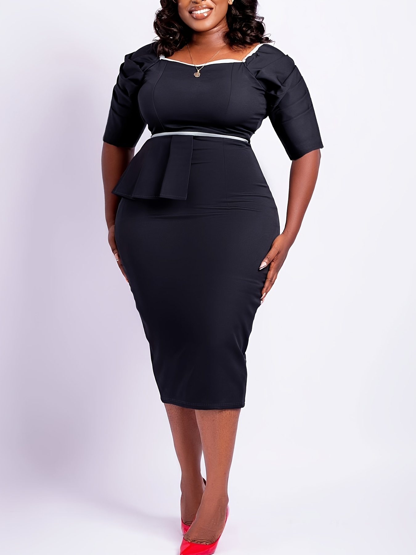 Women's Midi Dress with Cinched Waist & Ruffled Hem - Short Sleeve Square Neck Pencil Suitable for Work, Office, Commuting - Machine Washable Bodycon Dress with Color-Blocked Hemline (No Chest Padding)