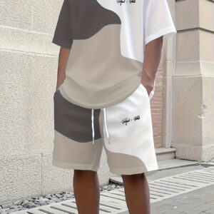 1 Set of Two Short-Sleeved T-Shirts + Shorts, Three-Color Patchwork Suit, Streetwear Oversized T-Shirt And Low-Crotch Shorts Suit, Sports, Leisure, Urban, Fashionable, Casual Summer Clothing, Suitable for Outdoor, Home, And Party Wear