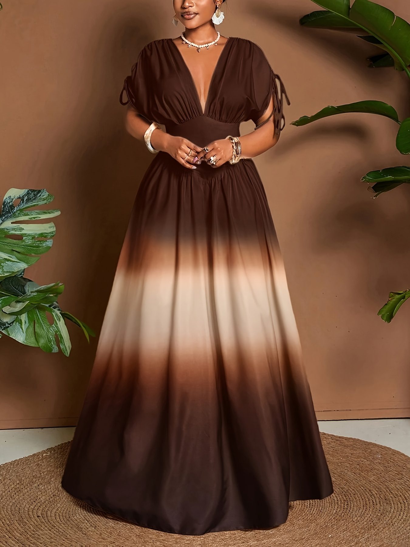 LL168 Women's Elegant Romantic Gradient Print Bow V-Neck A-Line Maxi Dress