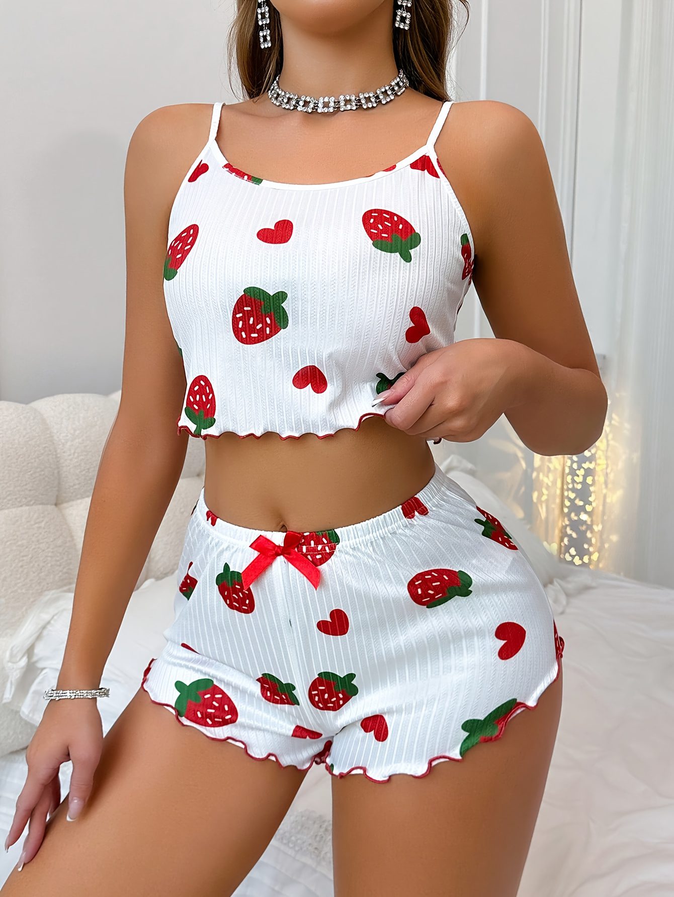 Women'S Strawberry Print Cami Top & Shorts Pajama Set - Cute Summer Sleepwear with Bow Detail, White with Red & Green Strawberries, Sleeveless Spaghetti Strap Design, Perfect for Casual Lounging, Lounging Outfit|Playful Print Top|Playful Print Bottom, Loungewear - Image 5
