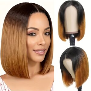 Fashionable 12-Inch Black to Yellow Ombre Women's Bob Wig, Middle Part Style, Glueless Heat Resistant, Natural Look, Breathable and Comfortable, Versatile Wig for All Ethnicities and Skin Tones, Suitable for Festivals and Daily Wear
