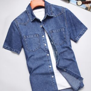 Men's Summer Denim Shirt, Washed Soft Non-Stretch Solid Slim Fit Casual Fashion Light