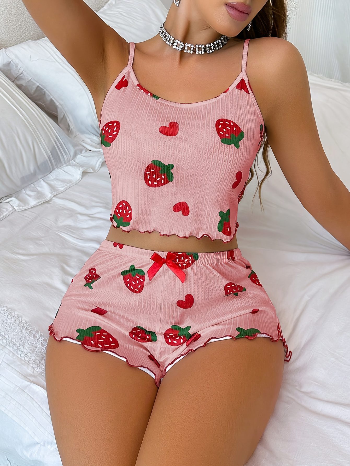 Women'S Strawberry Print Cami Top & Shorts Pajama Set - Cute Summer Sleepwear with Bow Detail, White with Red & Green Strawberries, Sleeveless Spaghetti Strap Design, Perfect for Casual Lounging, Lounging Outfit|Playful Print Top|Playful Print Bottom, Loungewear - Image 2