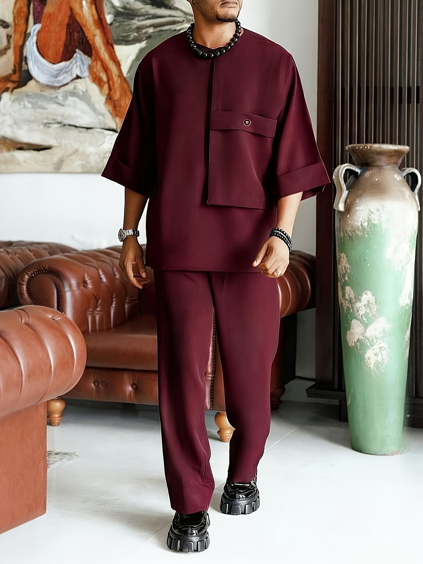African Traditional Dashiki Set for Men, Solid Color with Pocket Design, Fashionable Short Sleeve + Pants, Essential for Summer Outings and Photoshoots, Wedding/Birthday/Party Celebration Outfit, Trendy Set, Ideal Gift for Family or Friends - Image 5