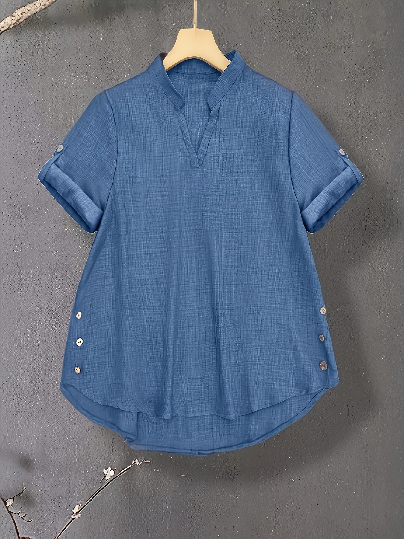 New V-neck Button-detail Short-sleeve Top with Elastic Waist and Side Slant Pockets Women's Set - Image 3