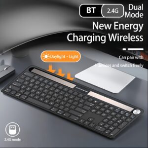 Jomaa USB Wireless Keyboard Solar Light Power Keyboard Full Size Solar Bluetooth Keyboard for Computer/Laptop/Tablet