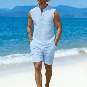 Men'S Casual Linen Sleeveless Shirt And Shorts Set | Tank Top, Henley Sleeveless T-Shirt, Drawstring Waist, Non-Stretch, Solid Color, Vacation Loungewear, Suitable for Summer Beach Vacation
