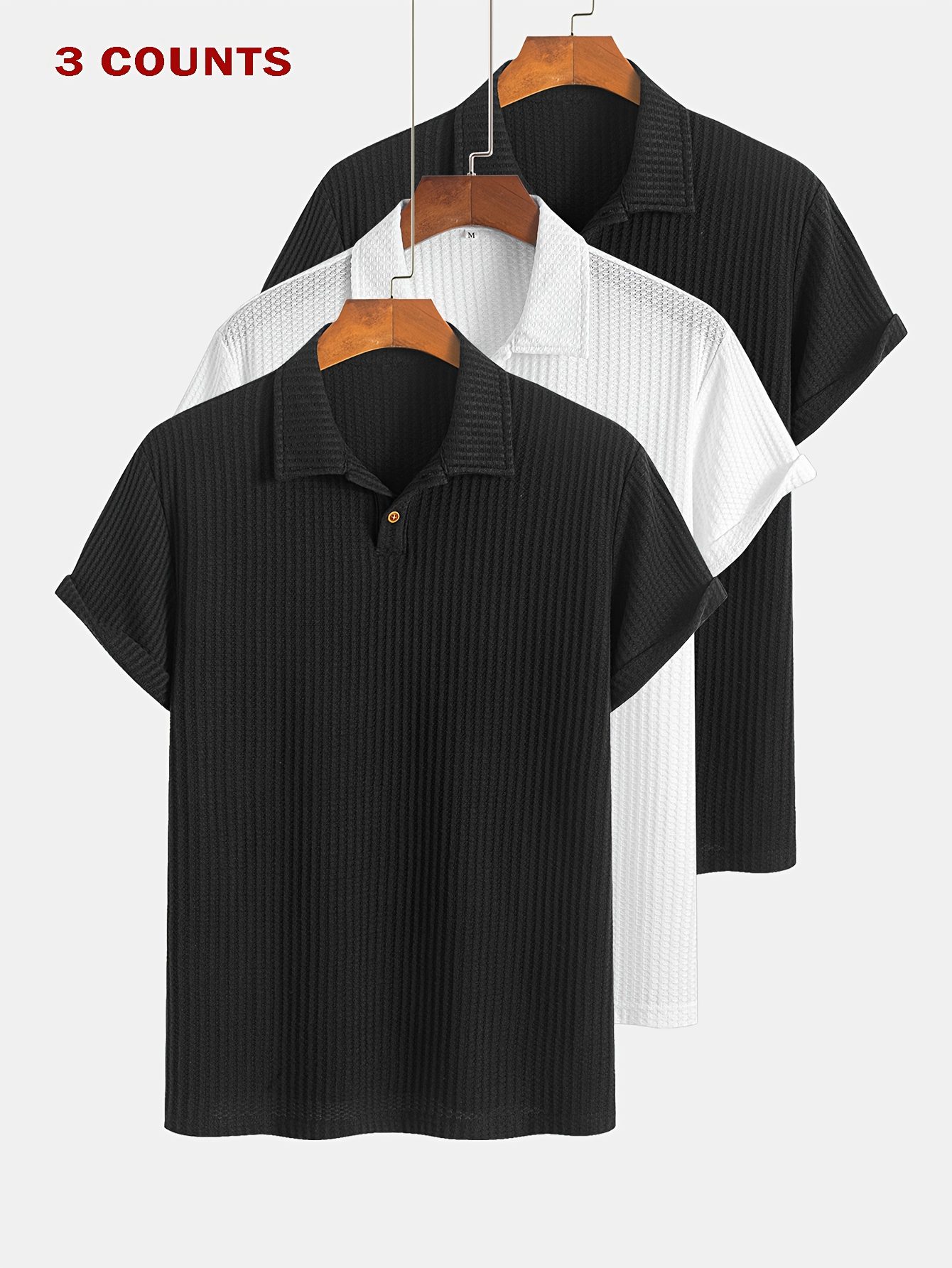 3pcs Set of Summer Casual Sporty Jacquard Knit Short-Sleeve Shirts, 3pcs Jacquard Texture Short-Sleeve Tops - Image 3