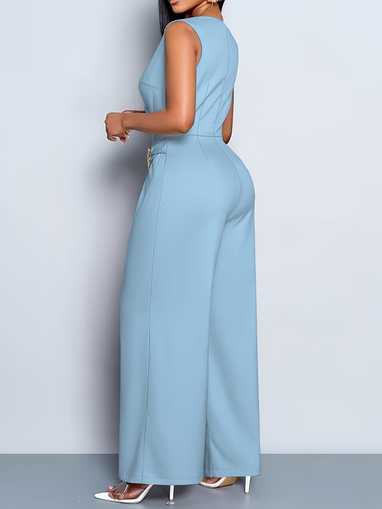 Casual Jumpsuit with a Solid Color, Featuring a V-Neck Sleeveless Top And Loose Wide-Leg Pants, Perfect for a Stylish Commute - Image 9