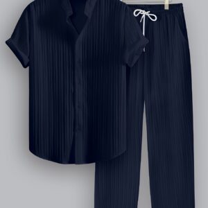 2pcs Men'S Summer Casual Striped Fiber Set, Short Sleeve Stand-Up Collar Shirt And Drawstring Pants, Non-Stretch Woven Fabric, Regular Fit for Daily Wear And Beach Vacation, Solid Color, Beach Vacation