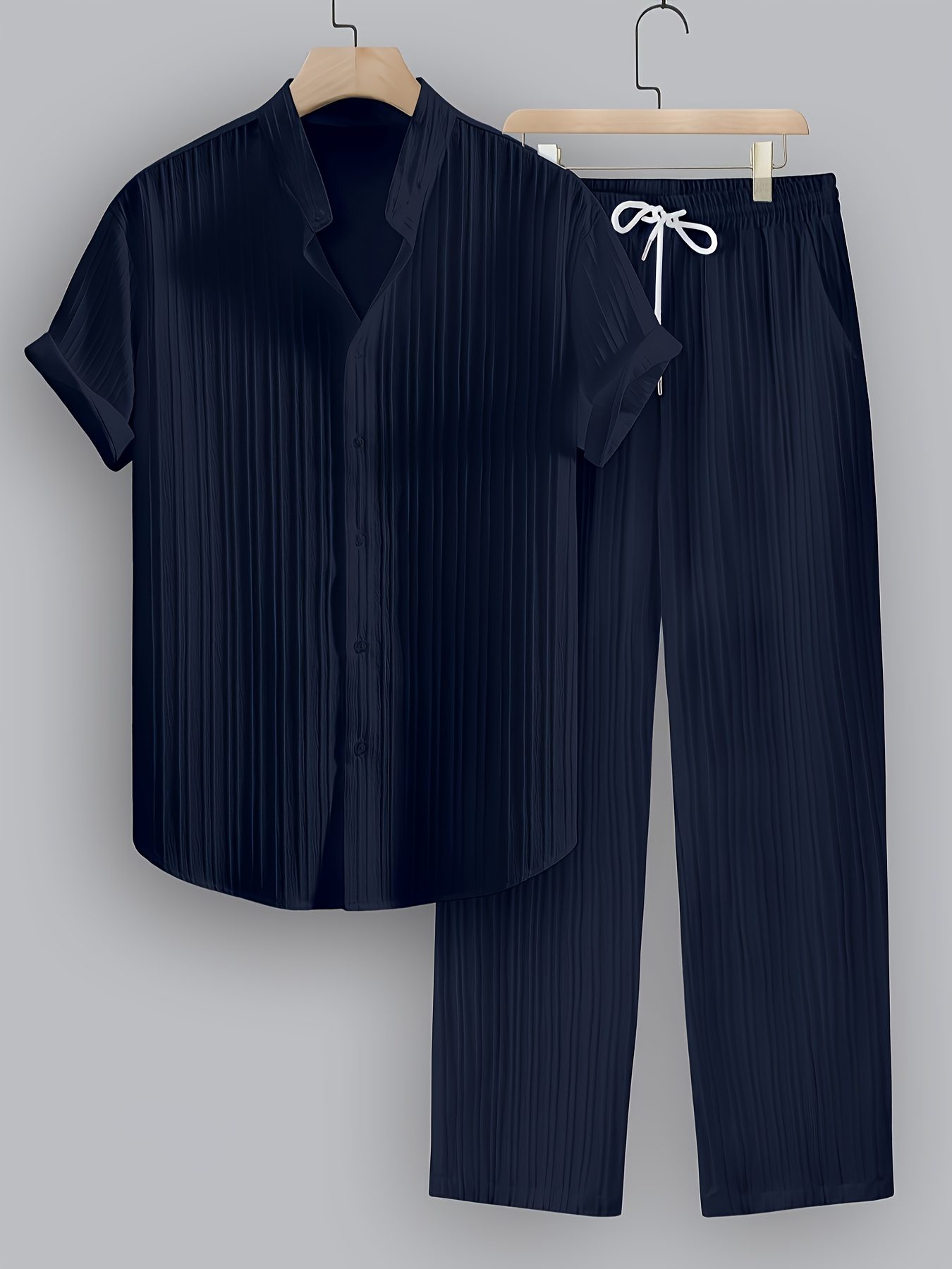 2pcs Men'S Summer Casual Striped Fiber Set, Short Sleeve Stand-Up Collar Shirt And Drawstring Pants, Non-Stretch Woven Fabric, Regular Fit for Daily Wear And Beach Vacation, Solid Color, Beach Vacation