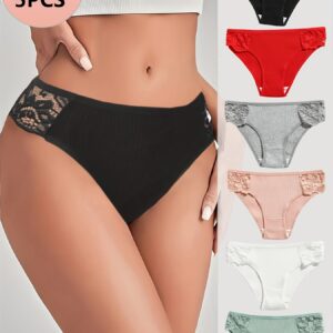 5pcs ARTDAREN Lace Contrast Side Waist Women'S Briefs | Comfortable and Breathable, Random Color Mix
