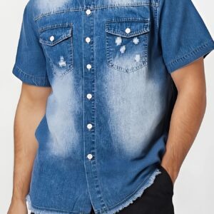 Men'S Distressed Denim Short Sleeve Button-Up Shirt with Frayed Hem & Pockets - Casual Summer Style, Light Blue, Non-Stretch Fabric, Perfect for Casual Attire, Casual Summer Wear | Distressed Denim Shirt | Frayed Hem Shirt