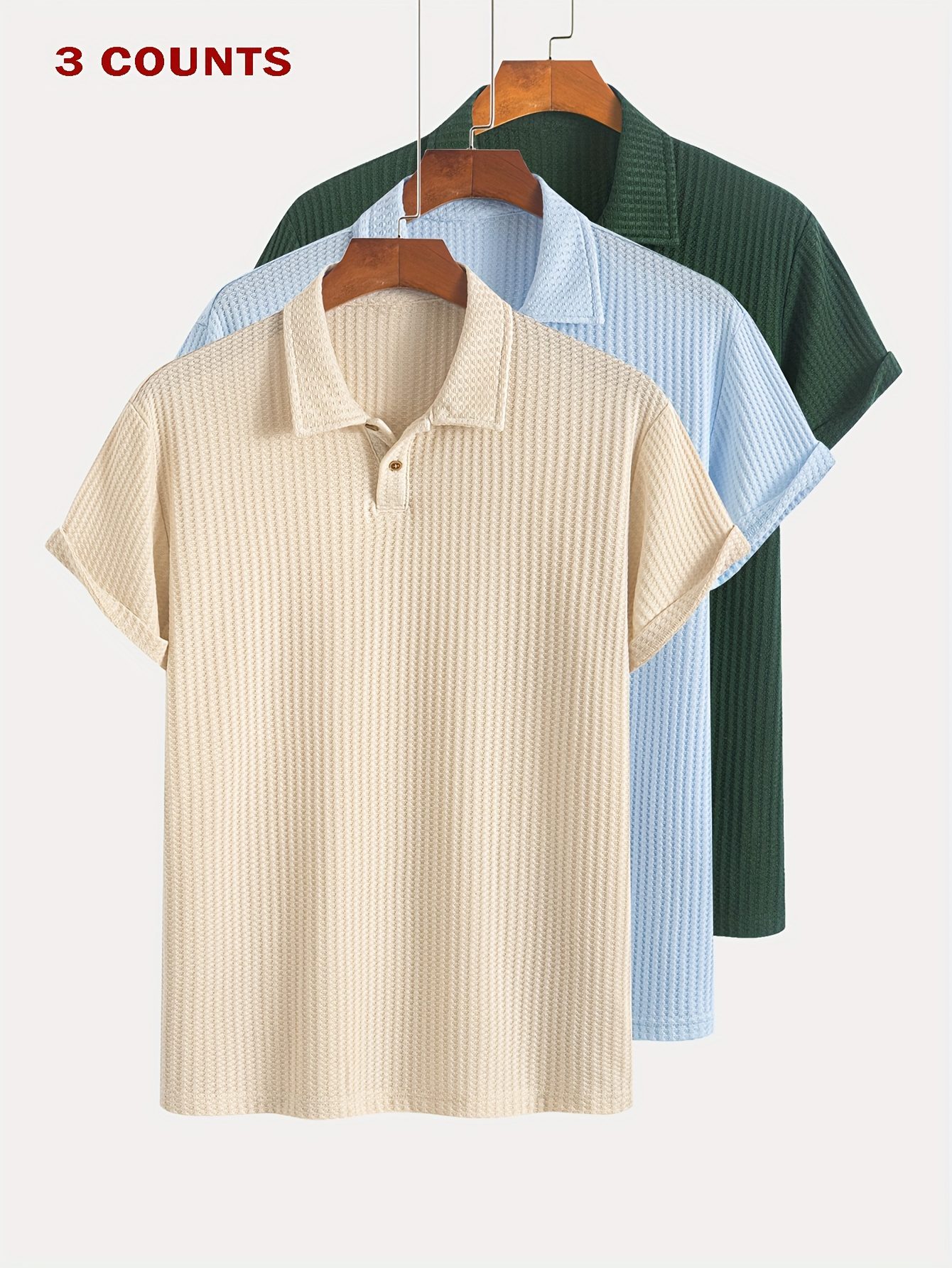3pcs Set of Summer Casual Sporty Jacquard Knit Short-Sleeve Shirts, 3pcs Jacquard Texture Short-Sleeve Tops - Image 5