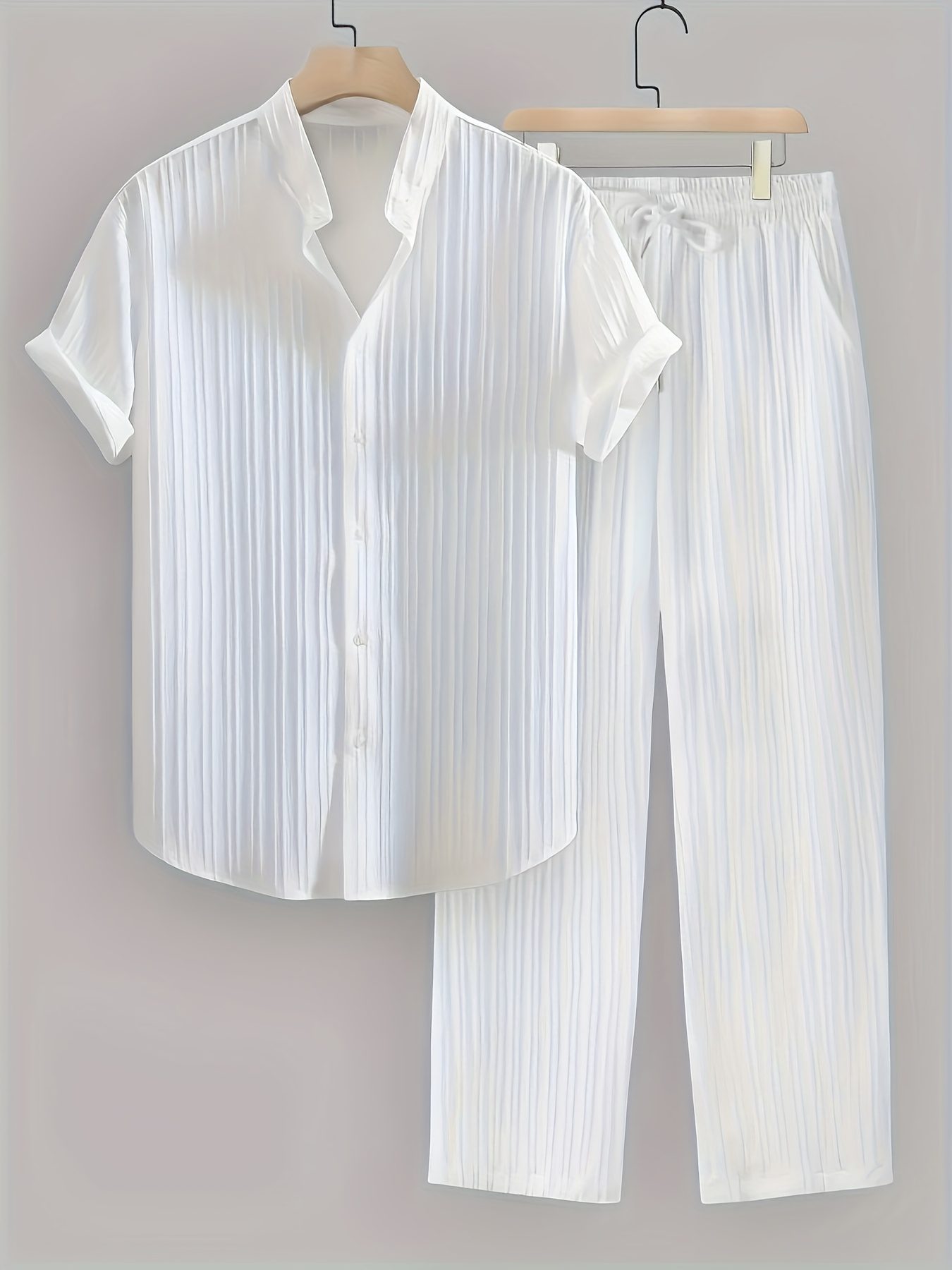 Men's New Trend Textured Wave Stripe Short Sleeve Long Pants Casual Set - Image 10