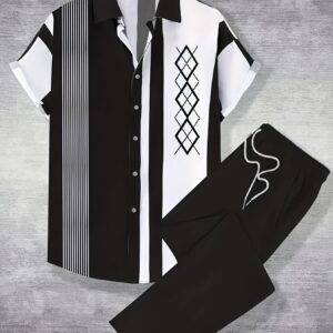 Men'S 2pcs Hawaiian Style Short Sleeve Collared Shirt And Drawstring Long Pants Outfit, All-Over Print Casual Button-Up Shirt And Trousers, Suitable for Summer Daily Wear And Vacation Destinations