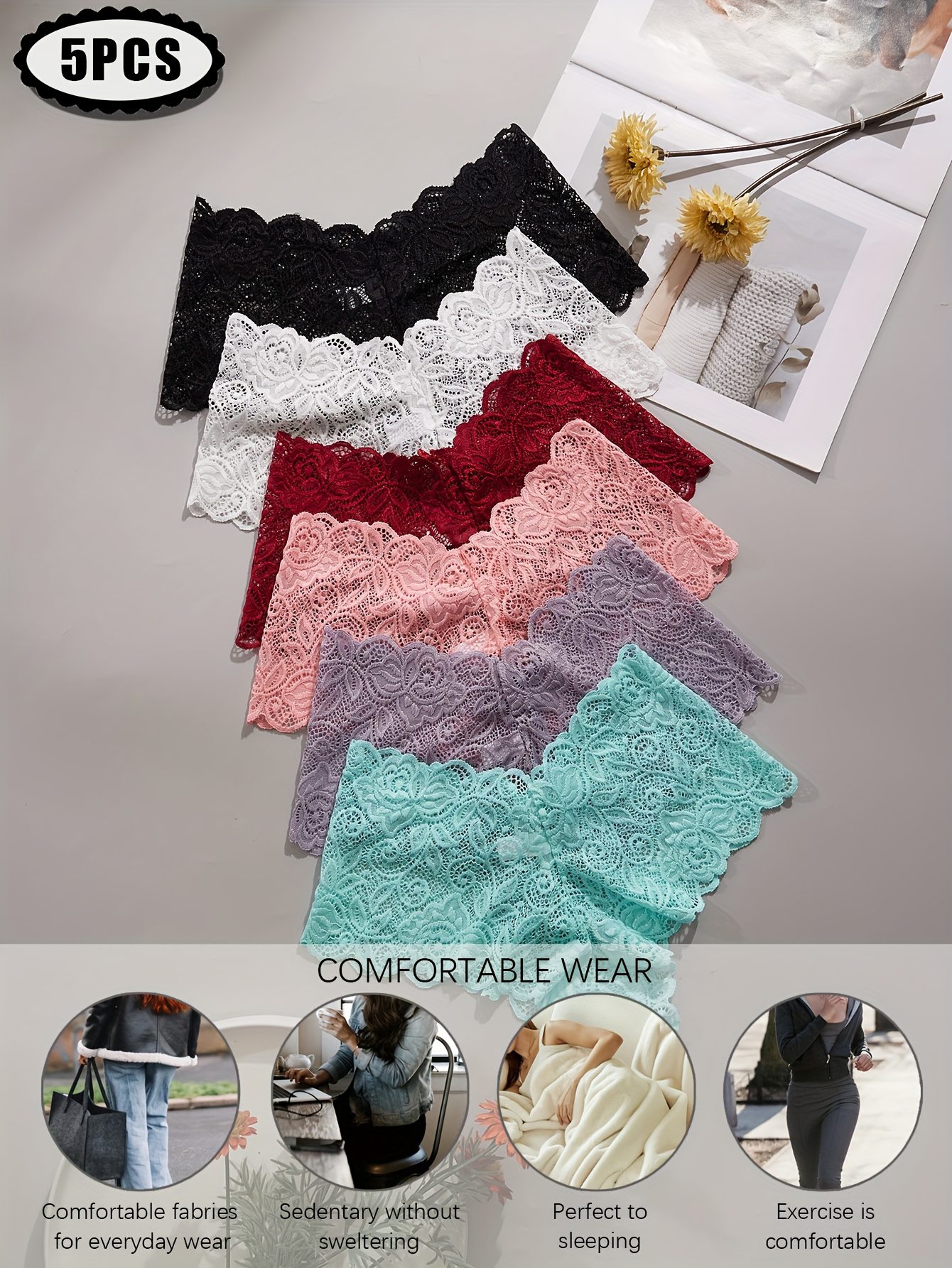 5pcs of Randomly Colored Women'S Low-Rise Lace Panties, Comfortable And Romantic, Perfect for Holiday Parties And Triangle Cut. - Image 4