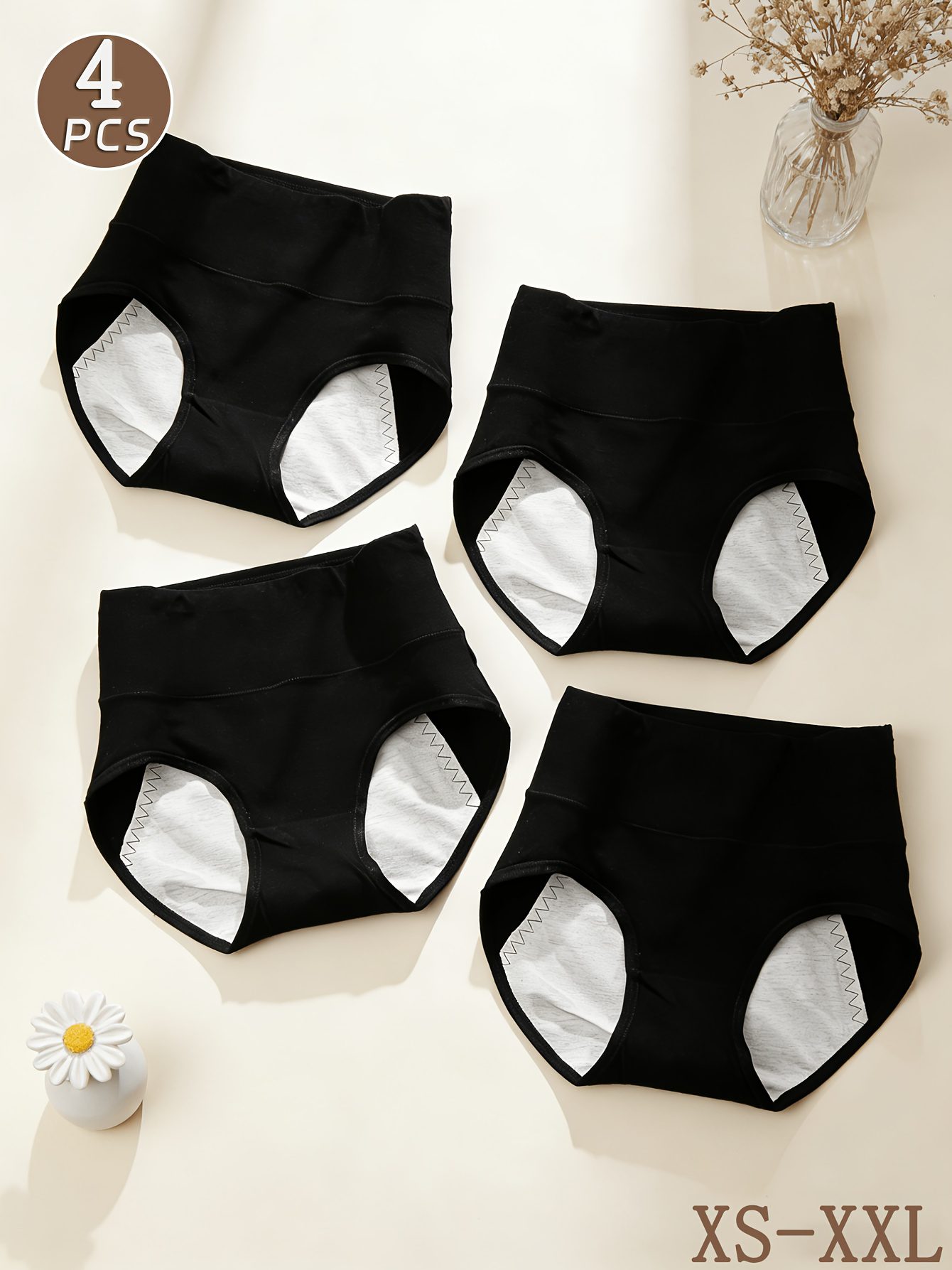 4-Pack Black High-Waist Women's Period Panties, Tummy Control, Butt Lifting, Anti-Leakage, No Crotch Riding or Waist Tightness, Suitable for Home and Commuting During Menstruation - Image 7