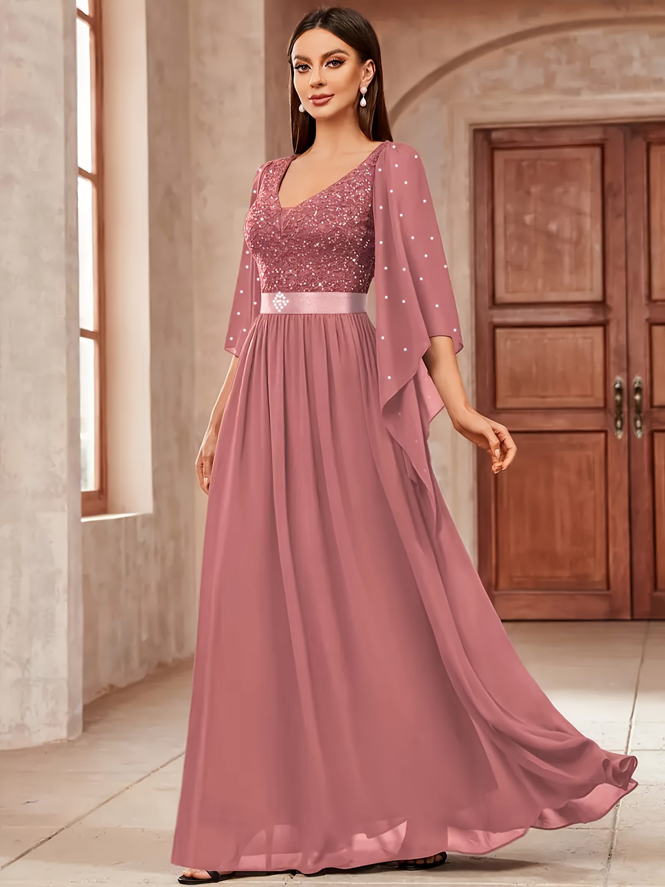 Elegant Women's V-neck Lace-trimmed Chiffon Banquet Gown, Suitable for Parties, Dinners, and Weddings - Image 8